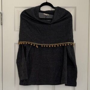 Mystery Cowl Neck Sweater Gray Herringbone Tan Tassles Size Women's Small
